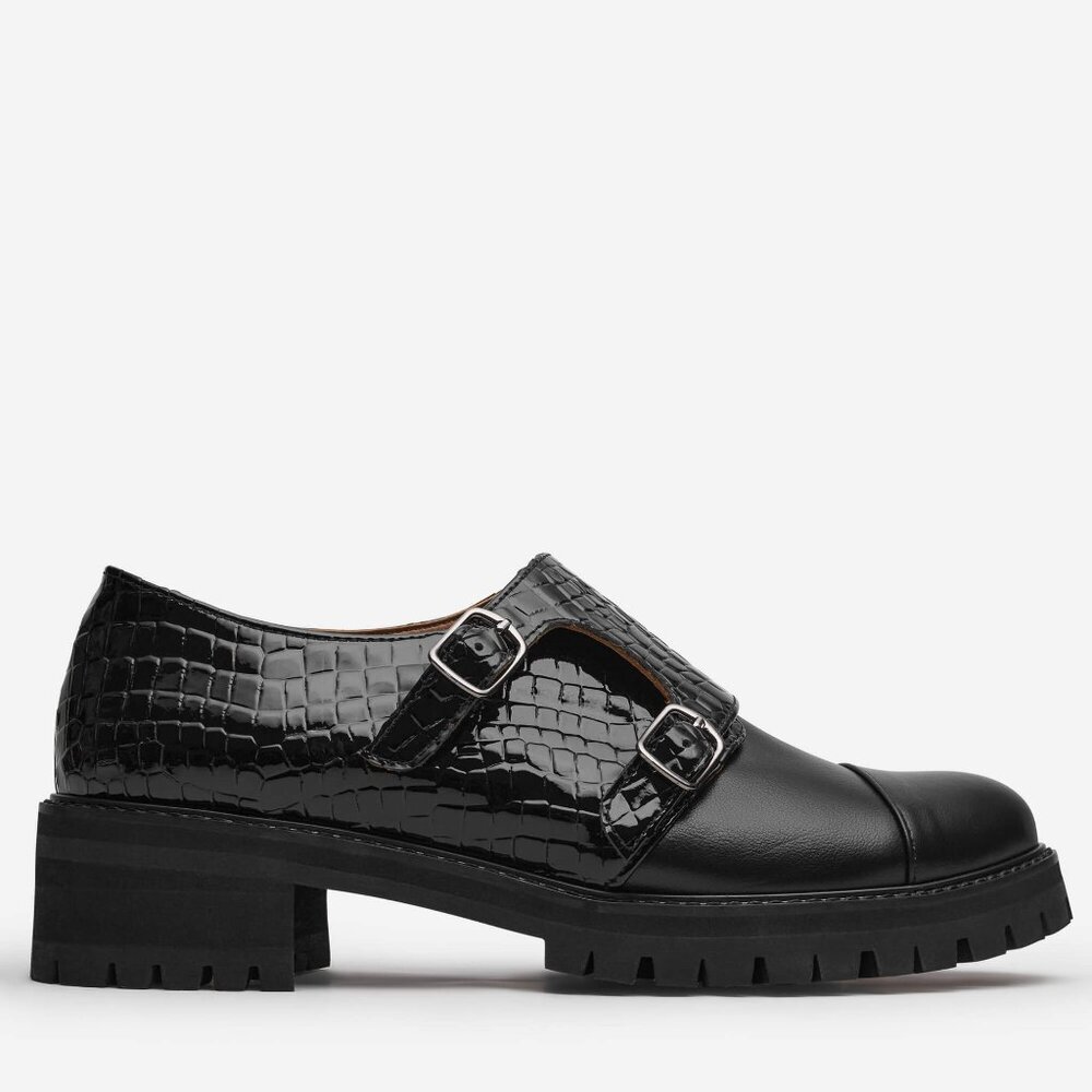 Women's Black Monk Strap Shoes, Buckle Shoes with Chunky Soles, EU 40